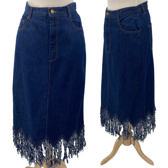 Vintage Y2k Denim Midi Skirt Jean Frayed Fringe Hem High Waist Blue Womens 8 - Picture 1 of 9